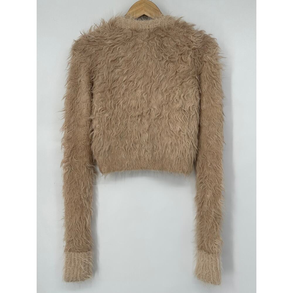 ACNE STUDIOS Kradi Textured Cardigan Faux Fur Chunky Knit Cropped Sweater Tan - Picture 9 of 16